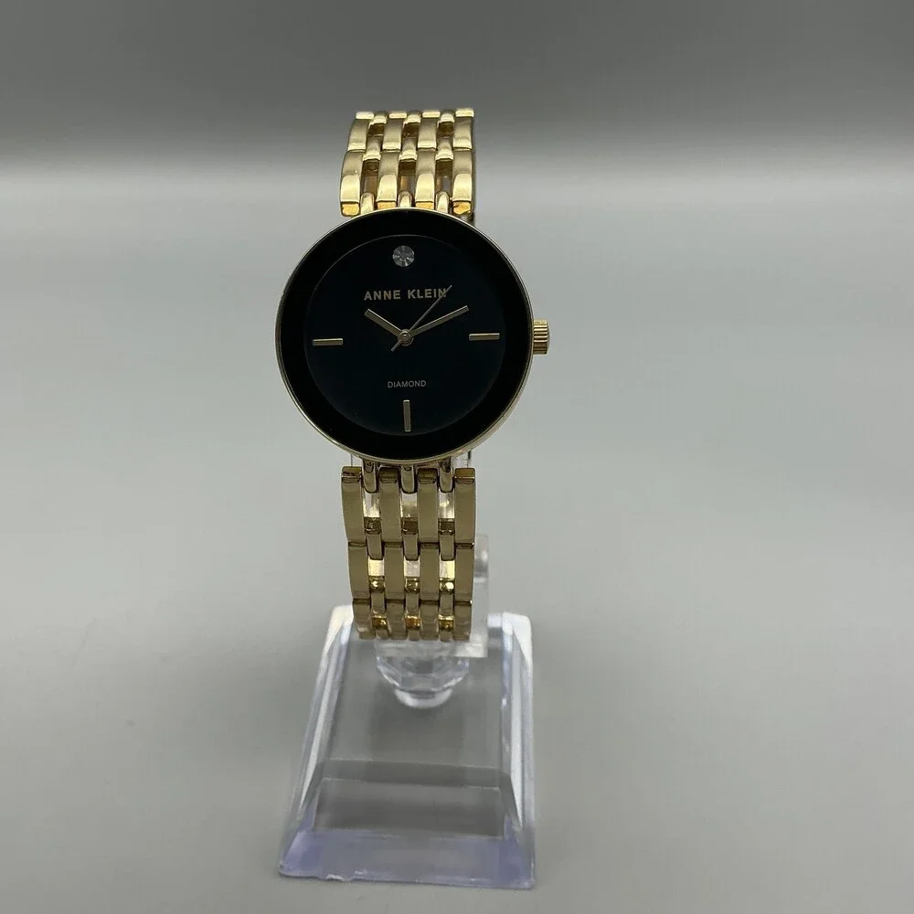 Anne Klein Womens Watch 30mm Black Dial Gold Tone Diamond New Battery 7.5